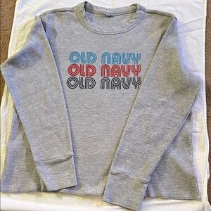 Old Navy Gray Thermal Waffle Knit Long Sleeve with Multicolor Text